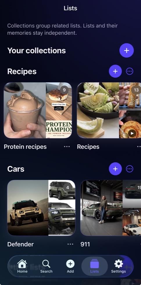 My Mem collections screen with recipe and car collections