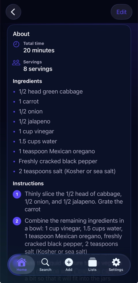 A saved recipe in My Mem with time, servings, ingredients, and numbered instructions
