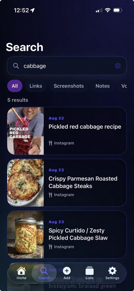 My Mem search results showing saved cabbage recipes